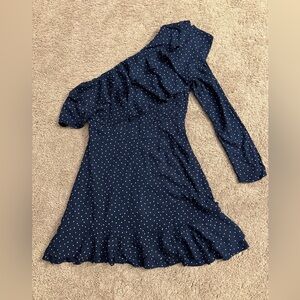 Wayf One-Shoulder Dress Women size Medium Navy Polka Dot Ruffle Mini Dress